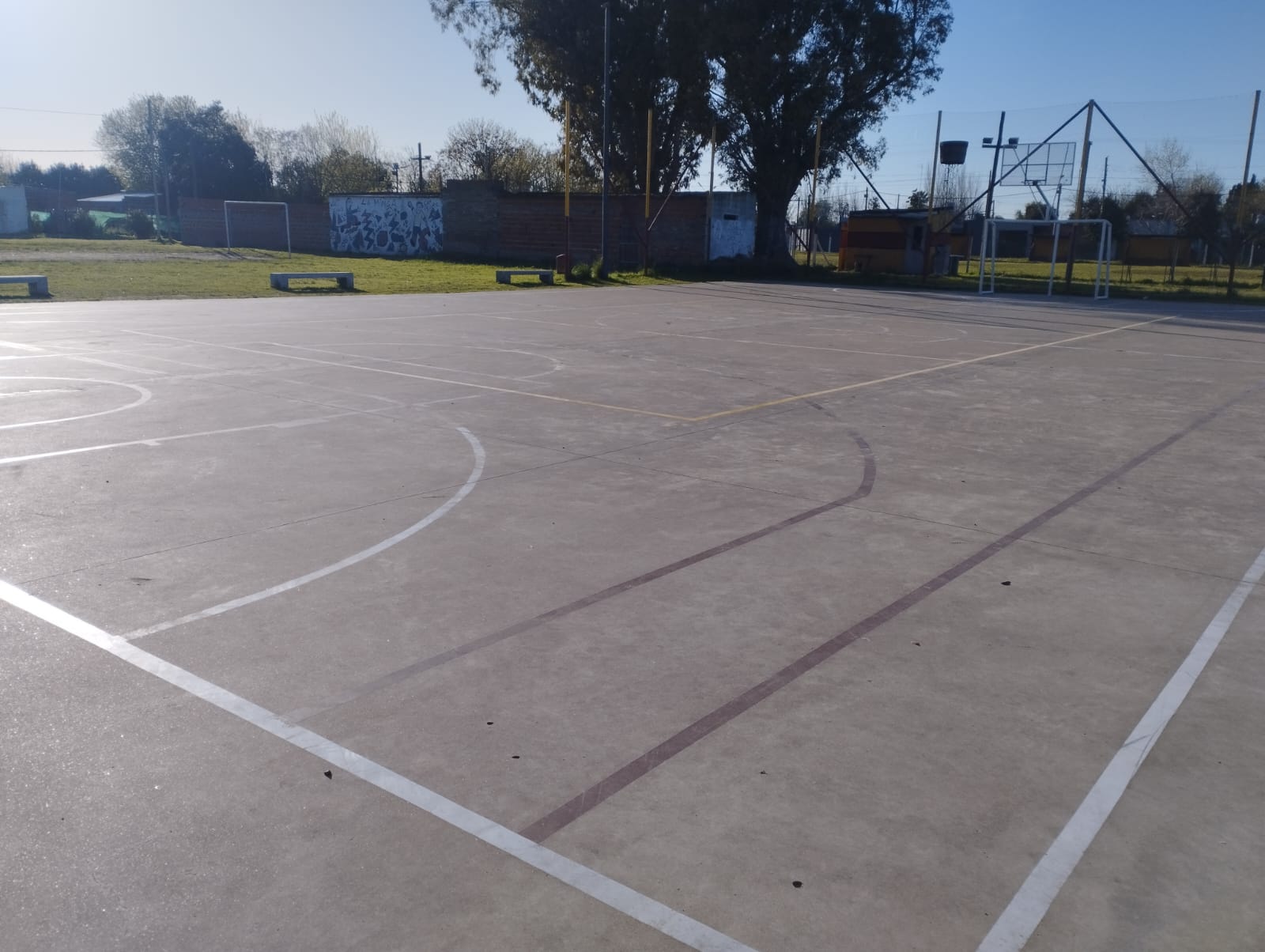 Antes: cancha al aire libre con piso gris, frente a un árbol y pared de ladrillos.
